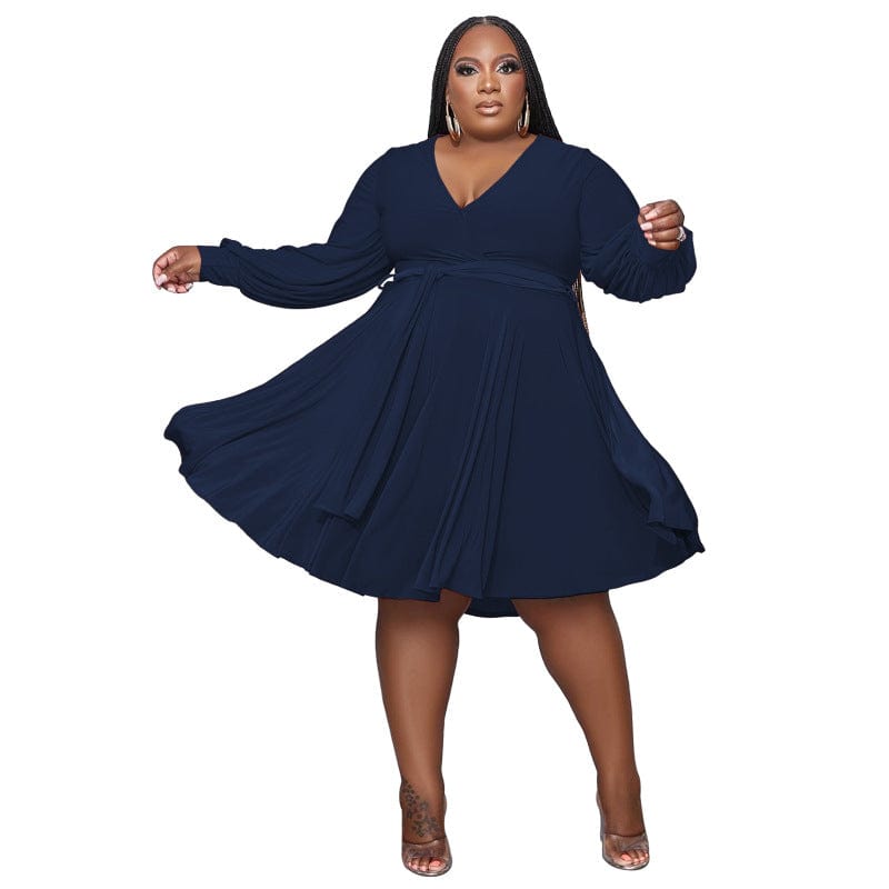 5 XL / NAVY 2023 New Arrivals Spring Women Clothing Solid Color V Neck Lace Up Belt Loose Casual Knee Length Knit Plus Size Dress
