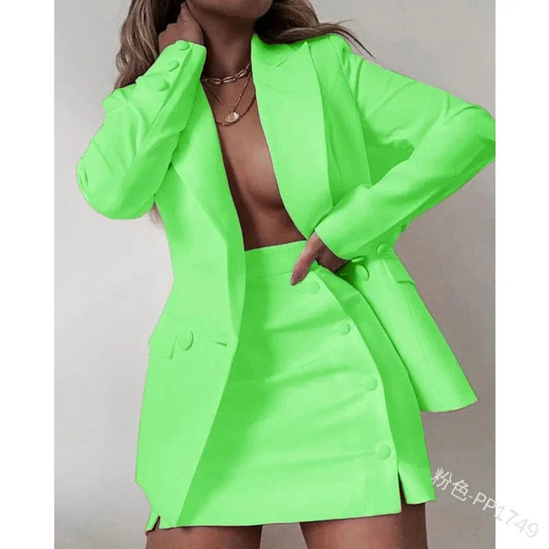 5 XL / neon green Two Piece Skirt Set Ladies Office Business Blazers Suits Set Women Casual Solid Oversized Blazer