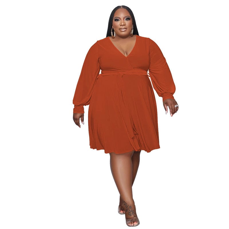 5 XL / Orange 2023 New Arrivals Spring Women Clothing Solid Color V Neck Lace Up Belt Loose Casual Knee Length Knit Plus Size Dress