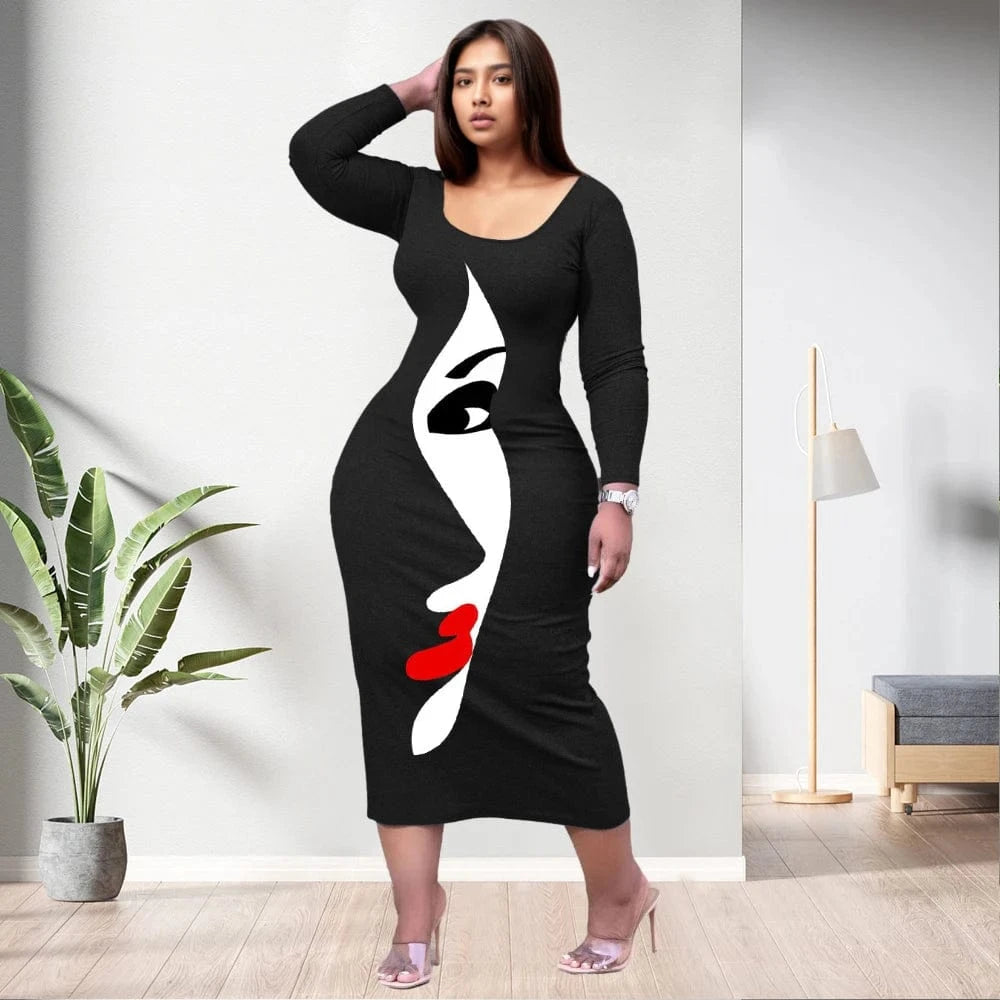 5 XL / pic1 D1202ME12 2023 New Design Digital Printing Fashion Midi Long Sleeved Dress Sehe Fashion