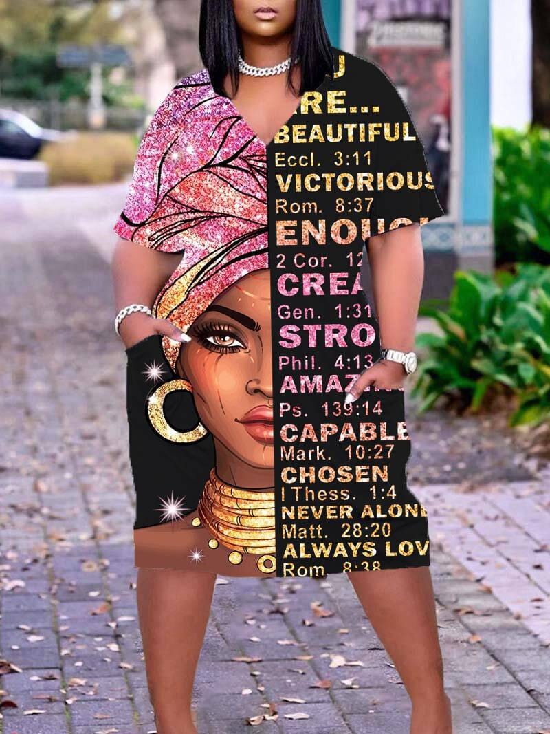 5 XL / Pink Z87685 Plus size summer dress short Sleeves Street Print womens casual dresses