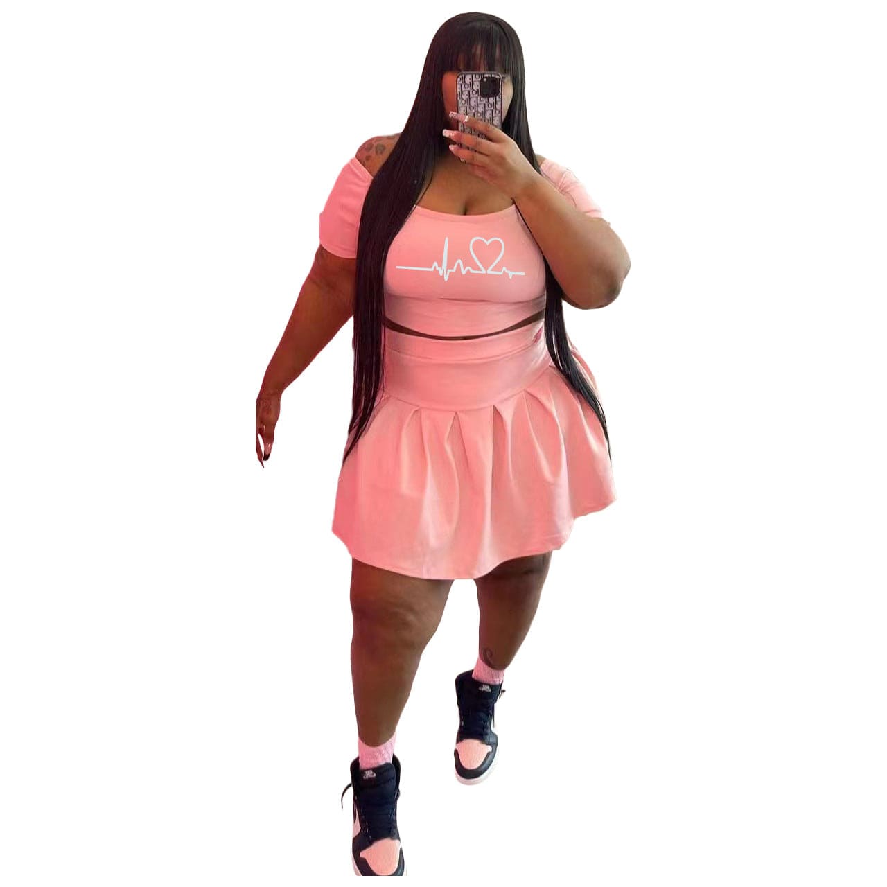 5 XL / Pink Z88303 New arrivals Plus size Sexy women Print summer two piece off shoulder Short sleve skirt set