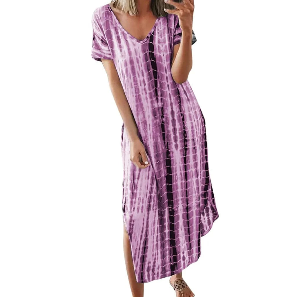 5 XL / Purple Summer Women Dresses Tie Dye Print Side Split Loose Long Dress Curved Hem V Neck Short Sleeve Maxi Dress EQ1069