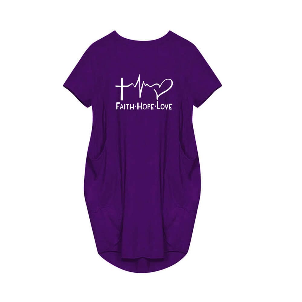 5 XL / Purple Women Dresses Faith Hope Love Heartbeat Cross Jesus Short Sleeve Dress Letters Print Clothing Summer Vestidos Drop Ship 5XL