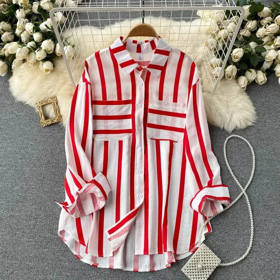 5 XL / Red Spring And Autumn Women's New Mid-length Vertical Stripes Multi-color Shirt Lapel Coat Female Casual Loose Blouse