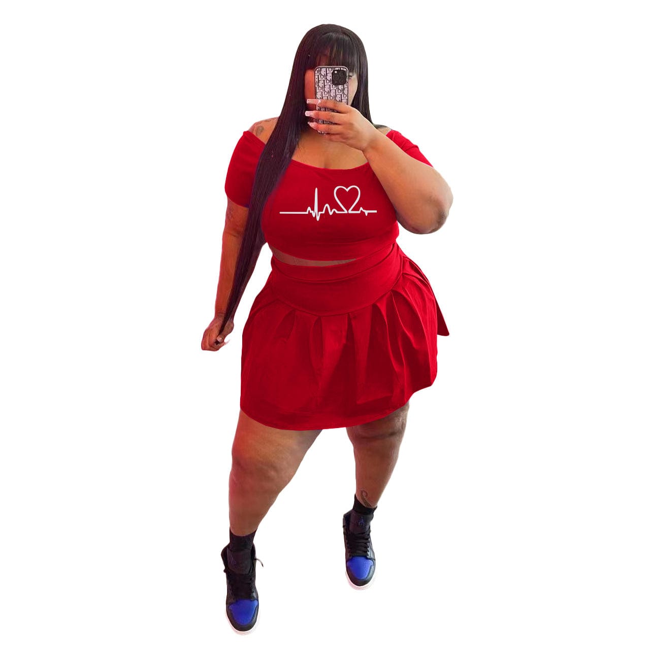 5 XL / Red Z88303 New arrivals Plus size Sexy women Print summer two piece off shoulder Short sleve skirt set