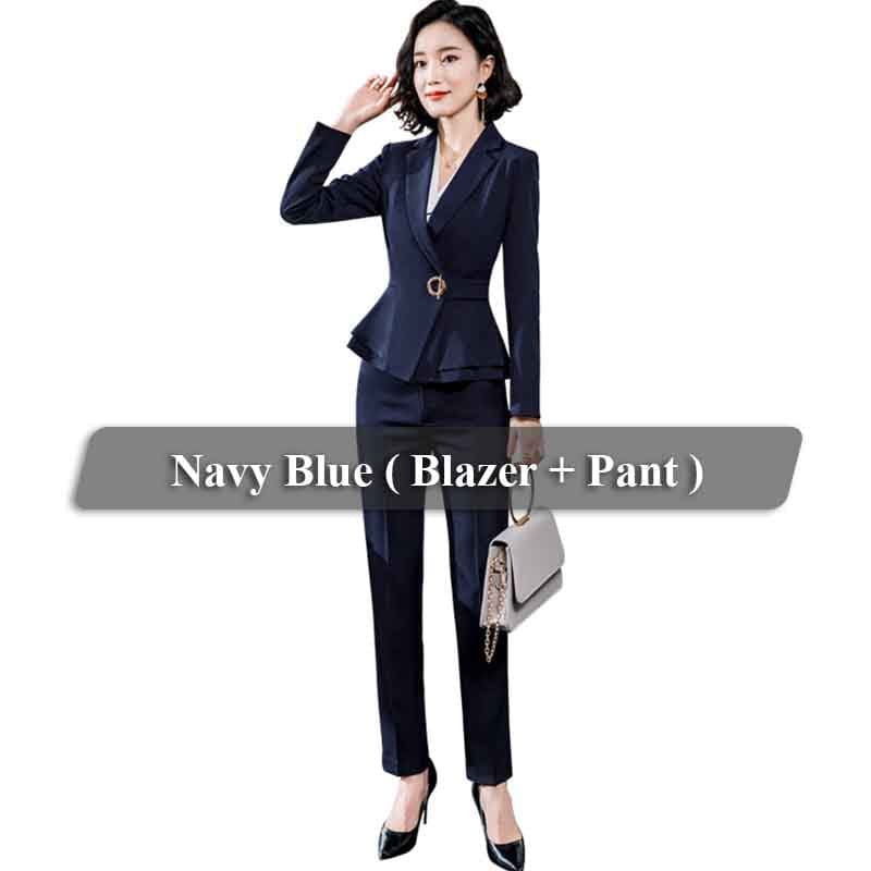 5 XL / Two-piece Navy Suit China Factory Burgundy Wholesaler 2 Piece Set Simple Formal Pant Suit Blazer Office Lady Designs Women Ruffles Jacket and Pant