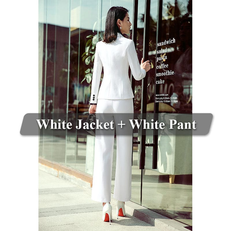 5 XL / White Lenshin 2 Pieces Set Formal Pant Suit with Pocket Women Work Wear Office Lady Uniform Style Business Jacket with Loose Pants