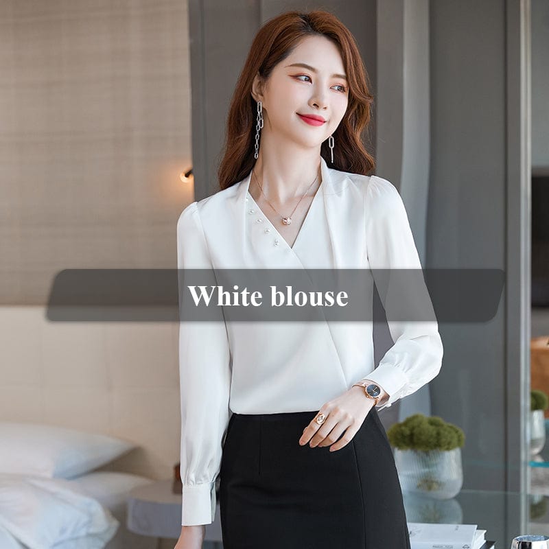 5 XL / White Wholesale Dropship OEM Fashion elegant V-neck Blouse with Beading Work Wear Office Lady Female Tops Chemise Loose style