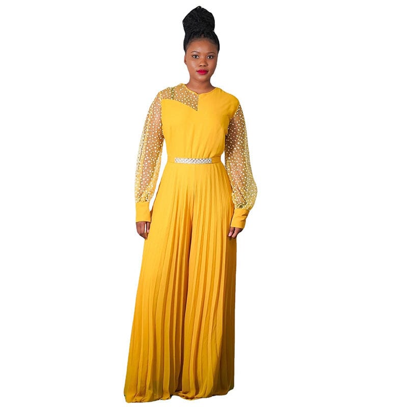 5 XL / Yellow CFA6540 African Plus Size Jumpsuits For Women Polka Dot Mesh Sleeve Hight Waist Wide Leg Pleated Jumpsuit One Piece Jumpsuit