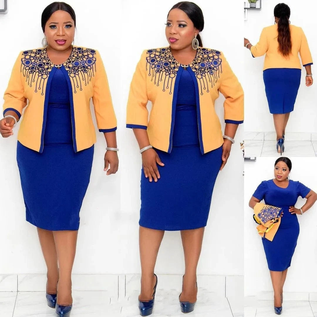5 XL / Yellow Plus size elegant suit women lady office church skirt and coat suits for ladies formal