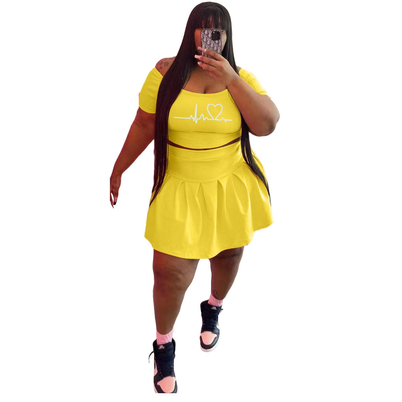 5 XL / Yellow Z88303 New arrivals Plus size Sexy women Print summer two piece off shoulder Short sleve skirt set