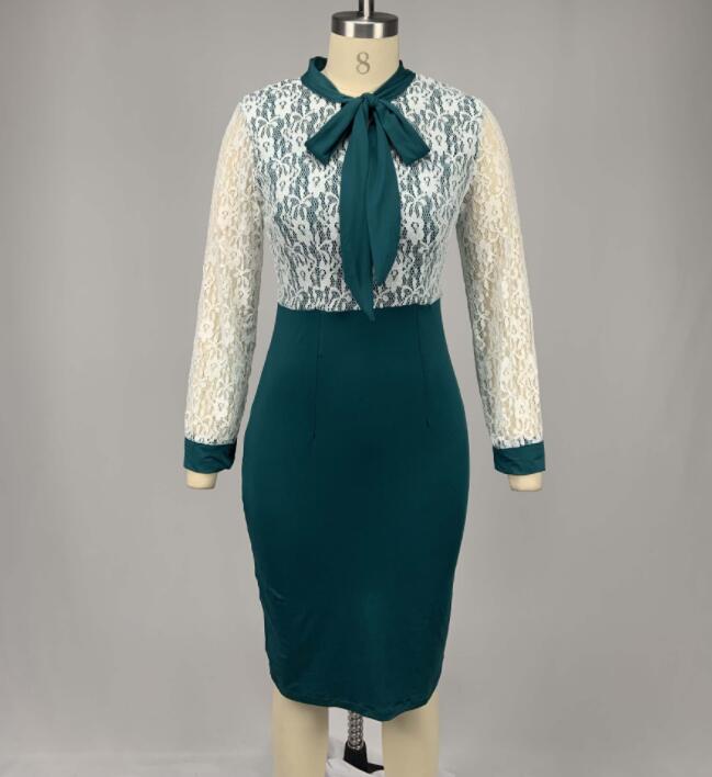 5XL / green Summer Sheath Drawstring Lace Sleeve Split Plus Size Lady Career Dress