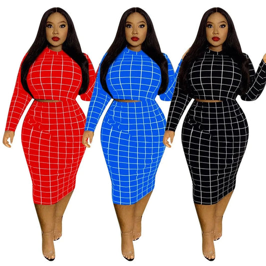 5XL women's long-sleeved sexy plaid tight-fitting mid-length ladies two-piece casual tight-fitting cheap plus size