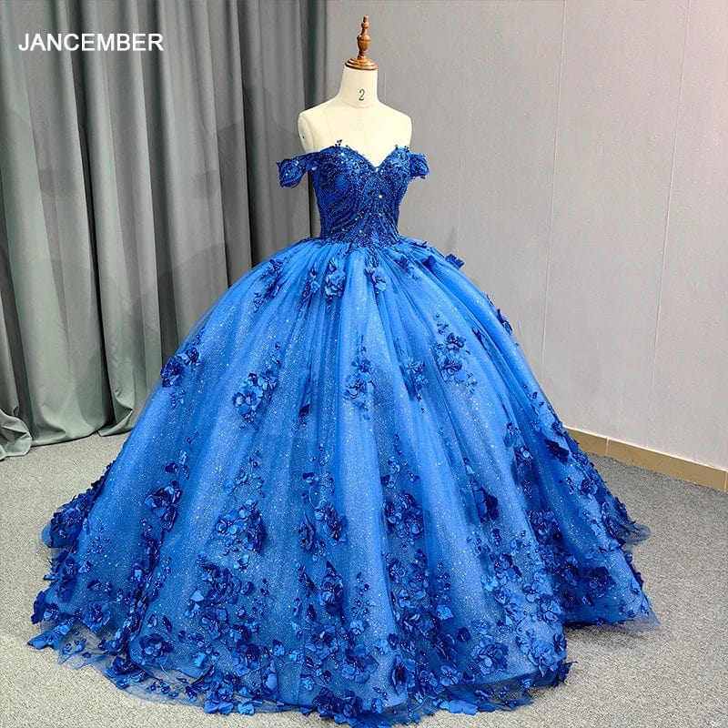 6 / 1 Romantic Lake blue Off Shoulder Ball Gown Quinceanera Dresses 3D Flowers Tulle Sweet 16 Party Gown 9963