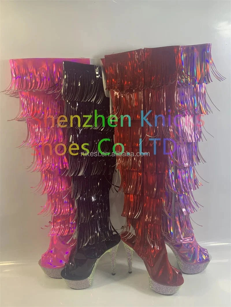 6 "- 15cm super high heel  diamond tassel boot AB diamond sole   Custom color shiny illusion shoes Magic colored leather  tassel