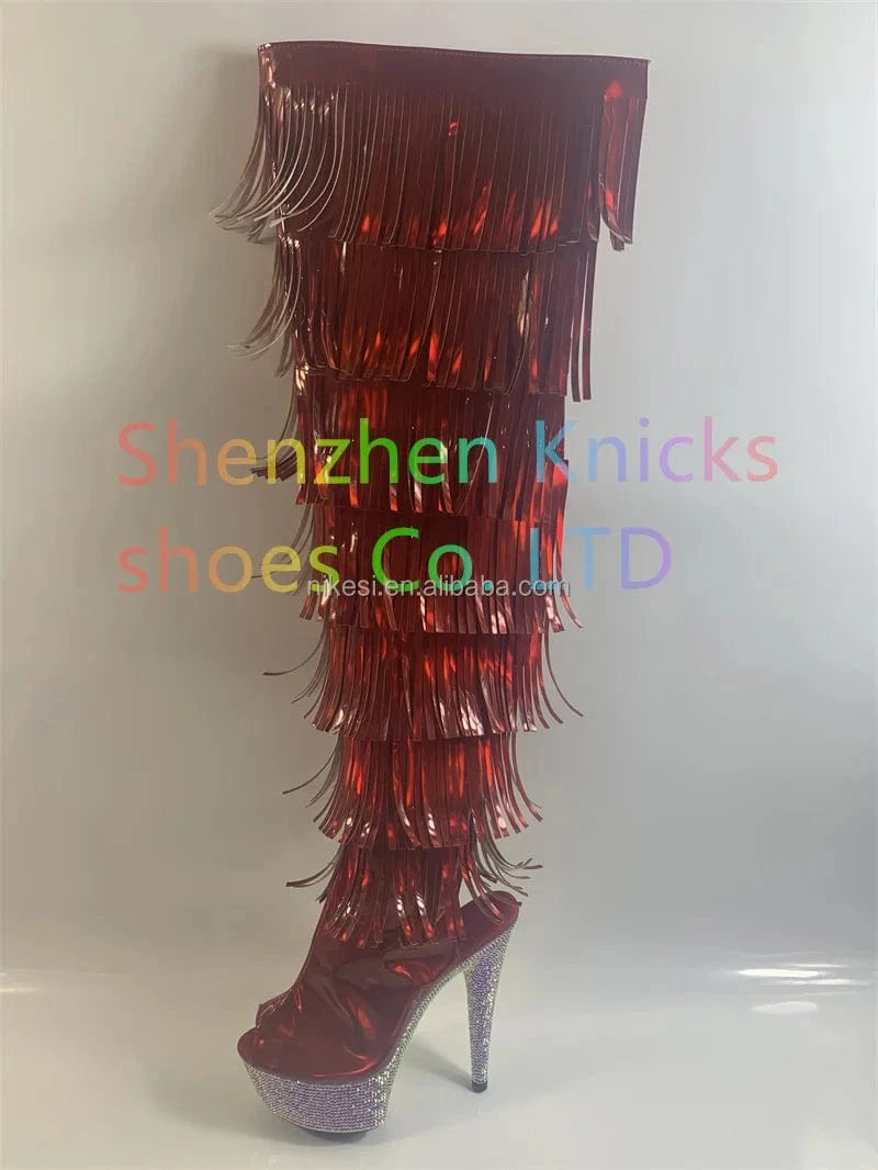 6 "- 15cm super high heel  diamond tassel boot AB diamond sole   Custom color shiny illusion shoes Magic colored leather  tassel
