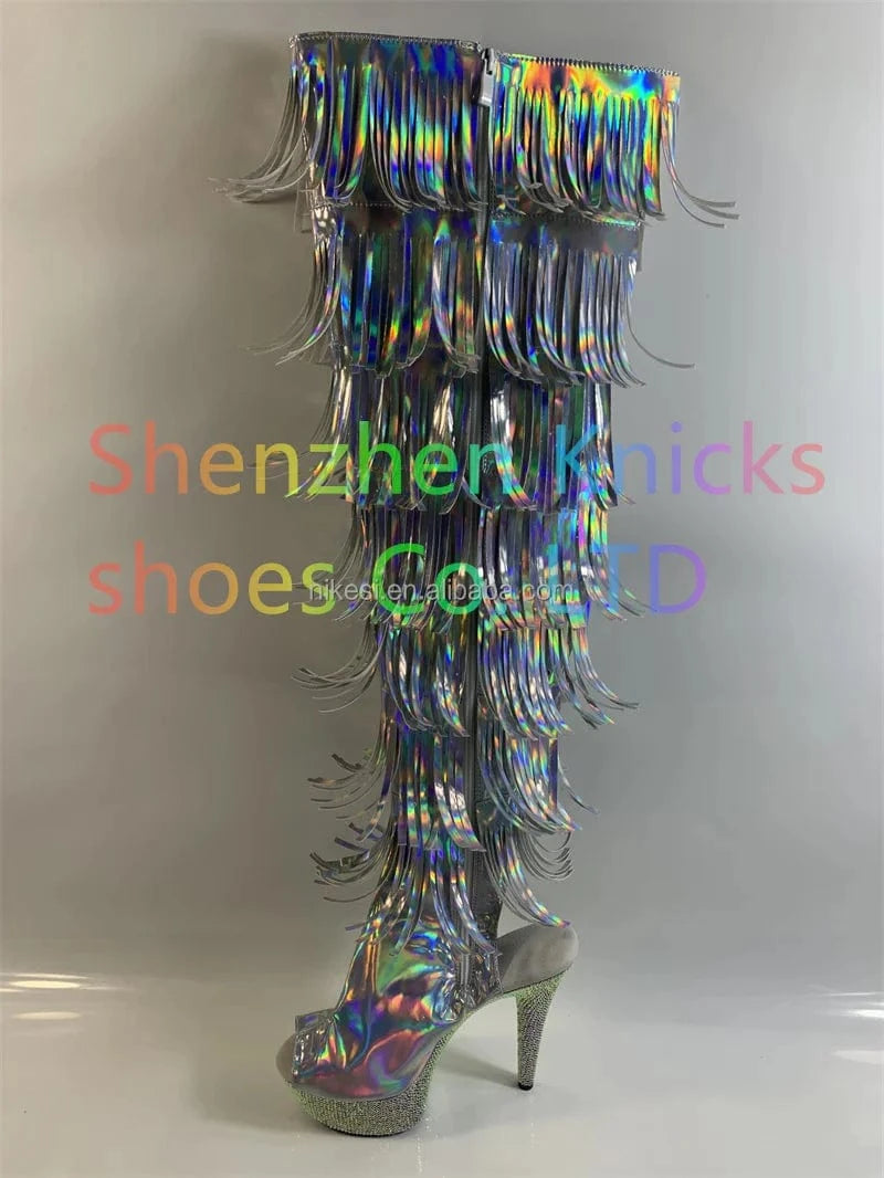 6 "- 15cm super high heel  diamond tassel boot AB diamond sole   Custom color shiny illusion shoes Magic colored leather  tassel