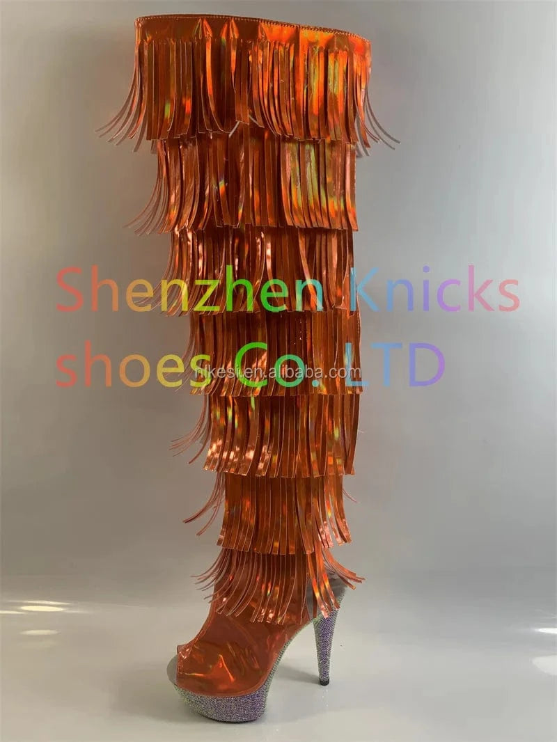 6 "- 15cm super high heel  diamond tassel boot AB diamond sole   Custom color shiny illusion shoes Magic colored leather  tassel