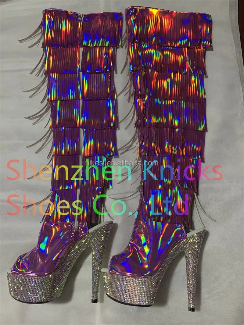 6 "- 15cm super high heel  diamond tassel boot AB diamond sole   Custom color shiny illusion shoes Magic colored leather  tassel