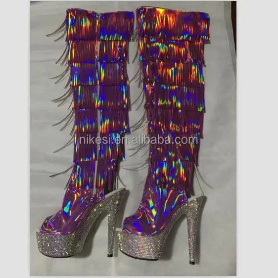 6 "- 15cm super high heel  diamond tassel boot AB diamond sole   Custom color shiny illusion shoes Magic colored leather  tassel