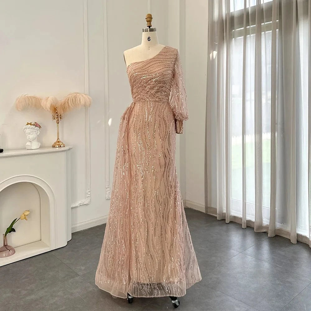 6 / 4 Scz123 Elegant One Shoulder Pink Evening Dress With Overskirt Emerald Green Arabic Mermaid Blue Wedding Party Gowns