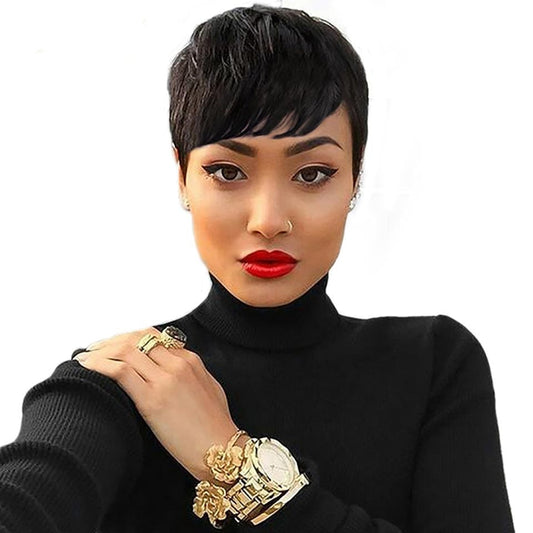 6-8 / Natural Black Pixie Cut Machine Made Wigs Short Human Hair Wigs for Black Women Short Straight Black Ladies Wigs 1B Color