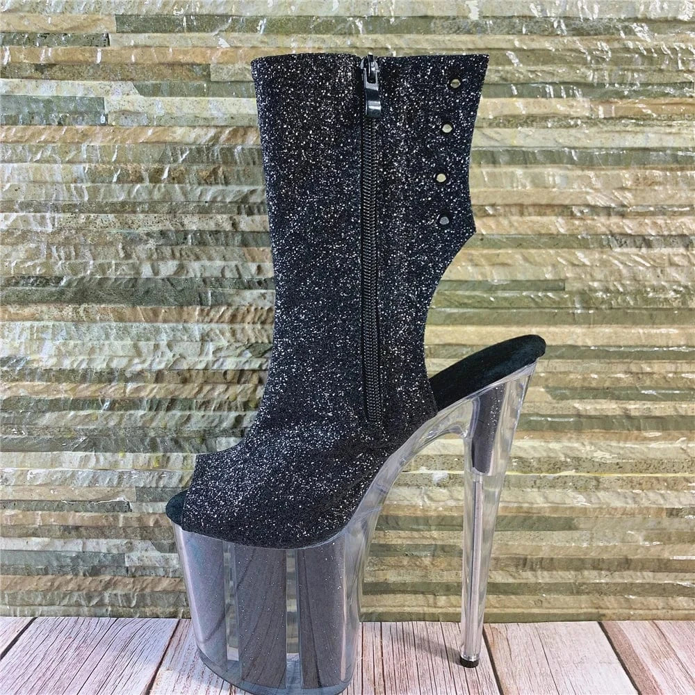 6 / Black 20cm belted super high heels pole dancing boots sequins open toe cool boots booties nightclub sexy women's shoes