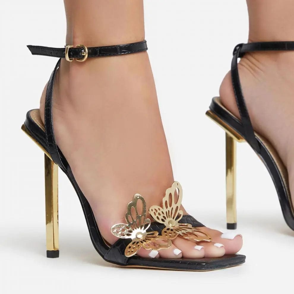 6 / black BUSY GIRL XSD4411 3D Butterfly Detail Square Toe Metallic 12.5CM Stiletto High Heels For Ladies Talon Femme Gold Heeled Sandals