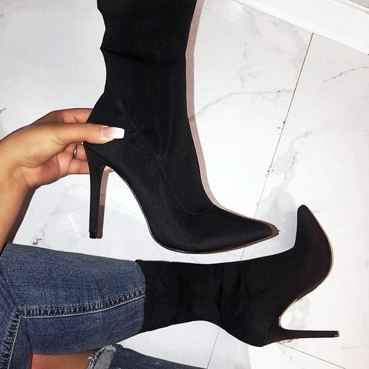 6 / black JANHE botas de mujer Sexy Ladies Pointed Thigh stiletto High Heel Black Elastic ankle boots ladies shoes women's boot