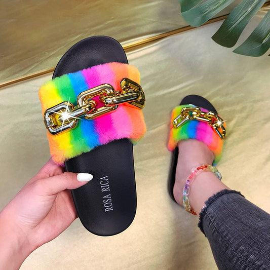 6 / black JANHE Selipar sepatu pantuflas chinelos slides footwear women's flats sandal colour Chain Fur slides slippers