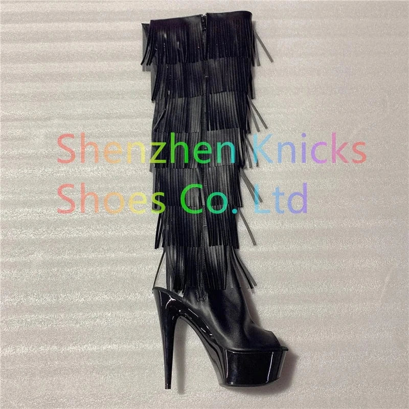 6 / Black+matte 6inch-15CM Black white and red  tassel boots super high heel  Leather material  tassel boot