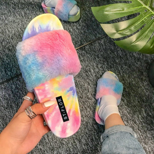 6 / Colour JANHE sandales pour femmes pantuflas chinelos slides footwear platform sandals flats sandal colour Fur slides women's slippers