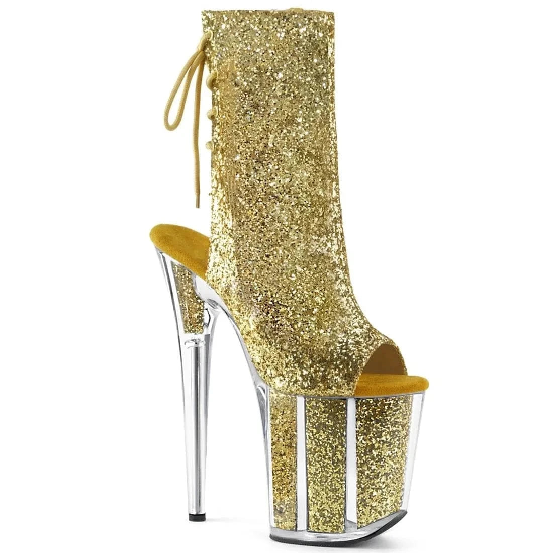 6 / Gold 20cm belted super high heels pole dancing boots sequins open toe cool boots booties nightclub sexy women's shoes