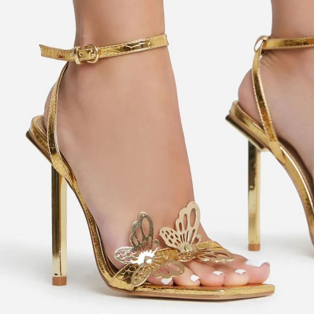 6 / Gold BUSY GIRL XSD4411 3D Butterfly Detail Square Toe Metallic 12.5CM Stiletto High Heels For Ladies Talon Femme Gold Heeled Sandals