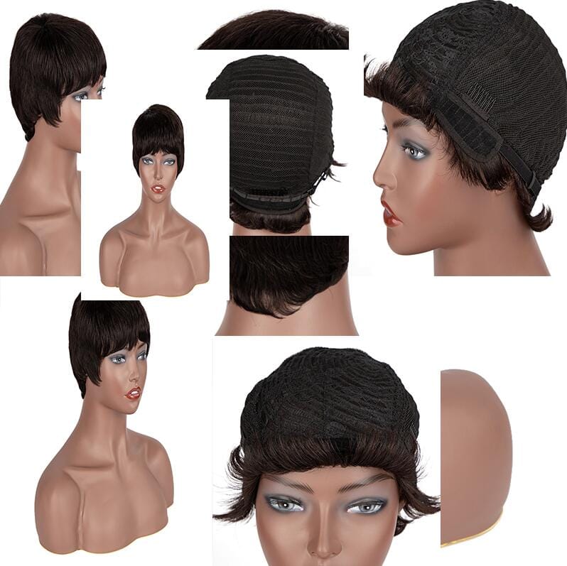 6 Inches / 1B sleek quality wholesale cheap Hot Sell for women Brazilian Hair straight short pixie cut wig made machine wig Human Hair wigs