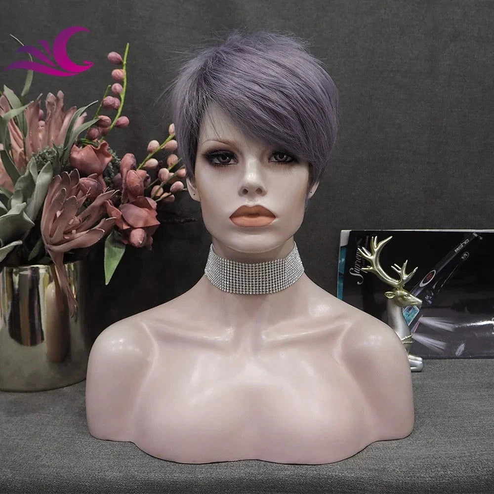 6 Inches / M1-S14-Ash Purple Celebrity Cosplay Wig Orange Mix Green Color Short Synthetic Wigs High Temperature Wholesale Synthetic Hair Wigs