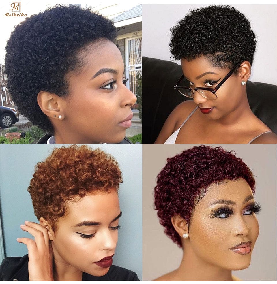 6 Inches / Natural color Afro Kinky Curly  Short Cut Wig 100% Brazilian Curly Human Hair Wig For Black Women Full Machine made  Short Pixie Cut Wig