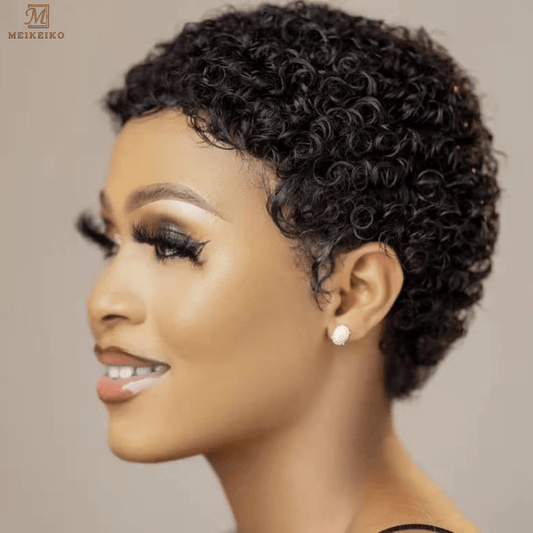 6 Inches / Natural color Afro Kinky Curly  Short Cut Wig 100% Brazilian Curly Human Hair Wig For Black Women Full Machine made  Short Pixie Cut Wig