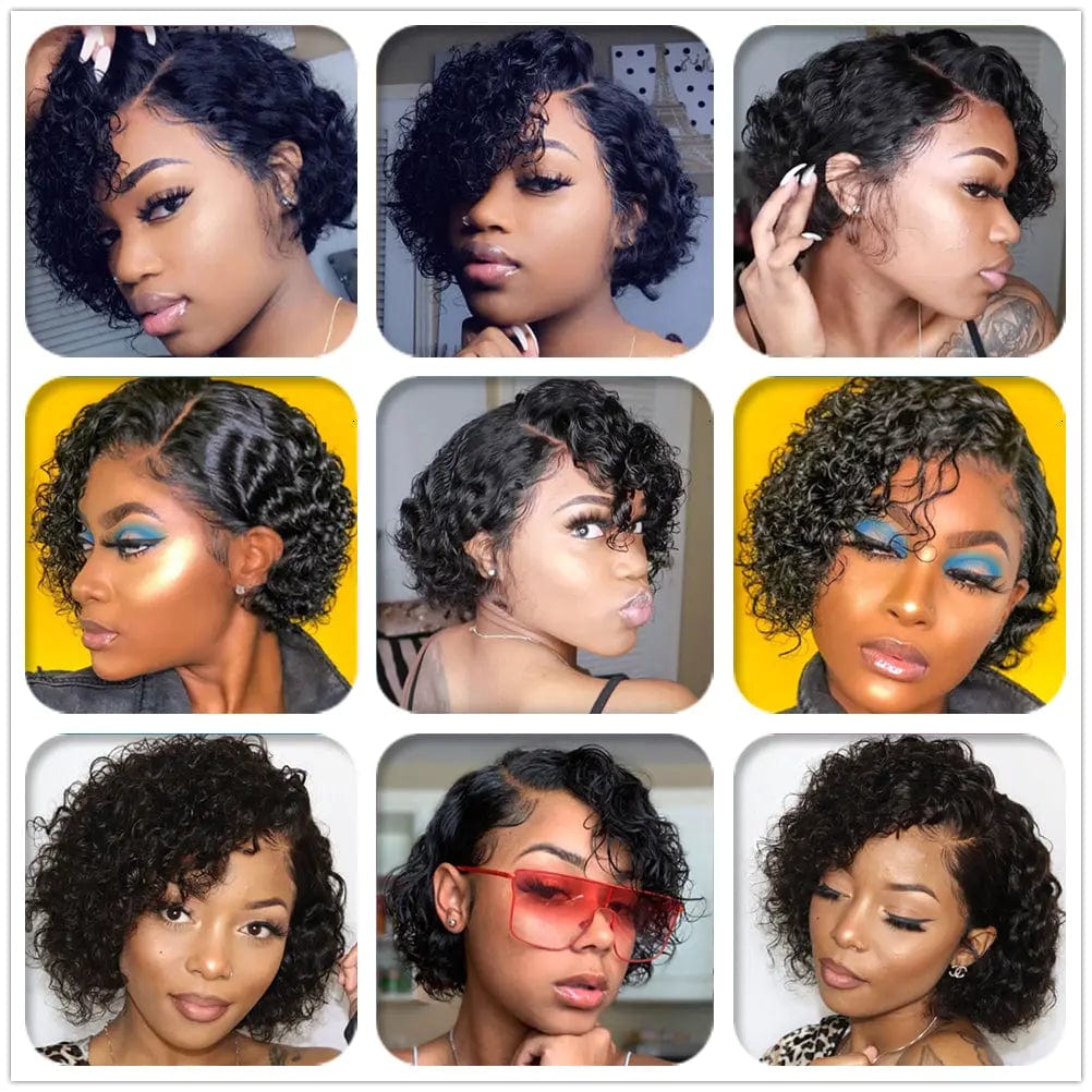 6 Inches / Natural color Perruque Pixie Cut Wig Human Hair Curly Bob