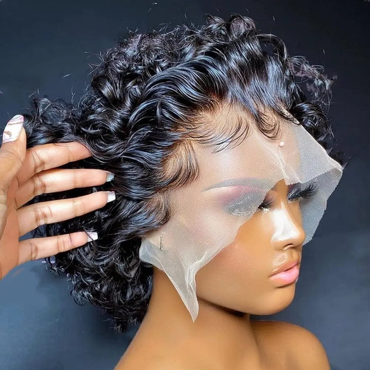 6 Inches / Natural color Perruque Pixie Cut Wig Human Hair Curly Bob