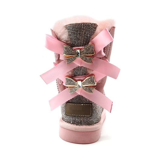 6 / JM-6 Factory wholesale adults  kids size sheepskin wool fur Sparkle sparkling bow with drill glitter winter women  boots