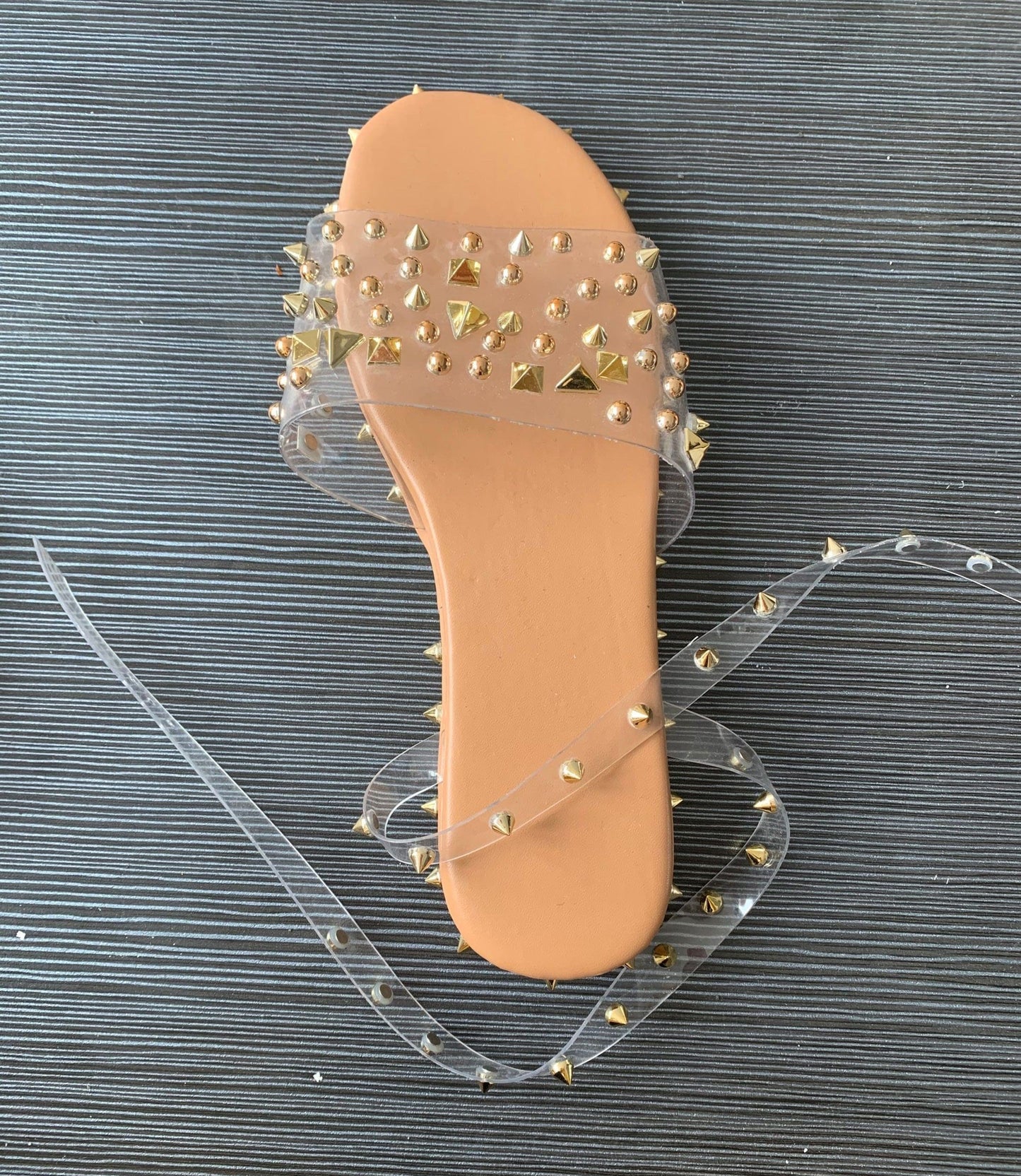 6 / khaki Fashion New Style Glitter Footwear Slides with Studded Decoration Flat Plus Size Women's Rivets Sandals