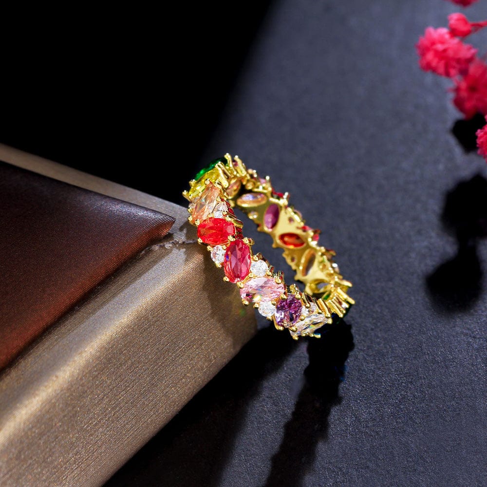 6 / Oval -J0205 3A Grade Multicolor Oval Baguette Cubic Zirconia Paved Gorgeous Dubai Gold Color Rainbow CZ Party Finger Rings for Women Jewelry
