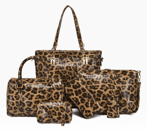 6 pieces set pu leather bag handbag leopard print  large capacity handbags set women bags
