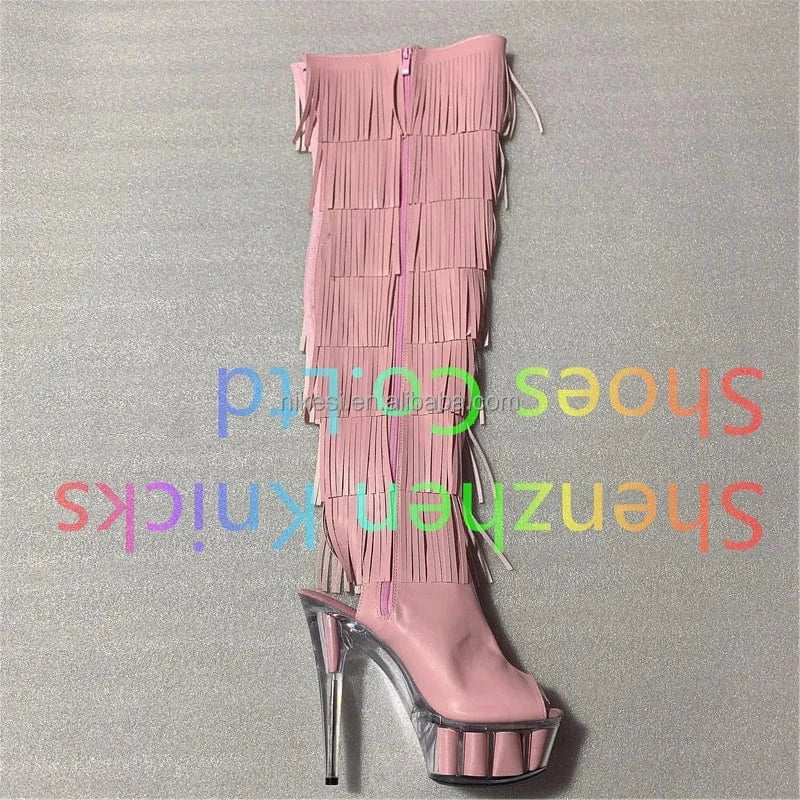 6 / Pink 6inch-15CM  Black and white tassel boots super high heel  Leather tassel  boot