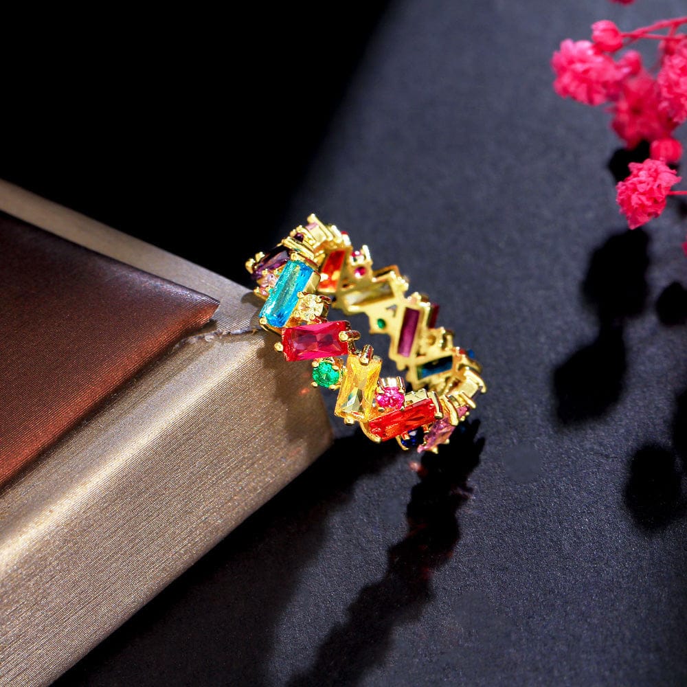 6 / Rectangle -J0206 3A Grade Multicolor Oval Baguette Cubic Zirconia Paved Gorgeous Dubai Gold Color Rainbow CZ Party Finger Rings for Women Jewelry