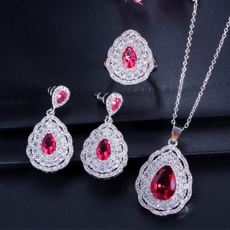 6 / Red-T0014-Hong 3 layers Cubic Zircon Paved Purple Big Water Drop Silver Color Women Wedding Engagement Jewelry Set of Earrings Necklace Ring