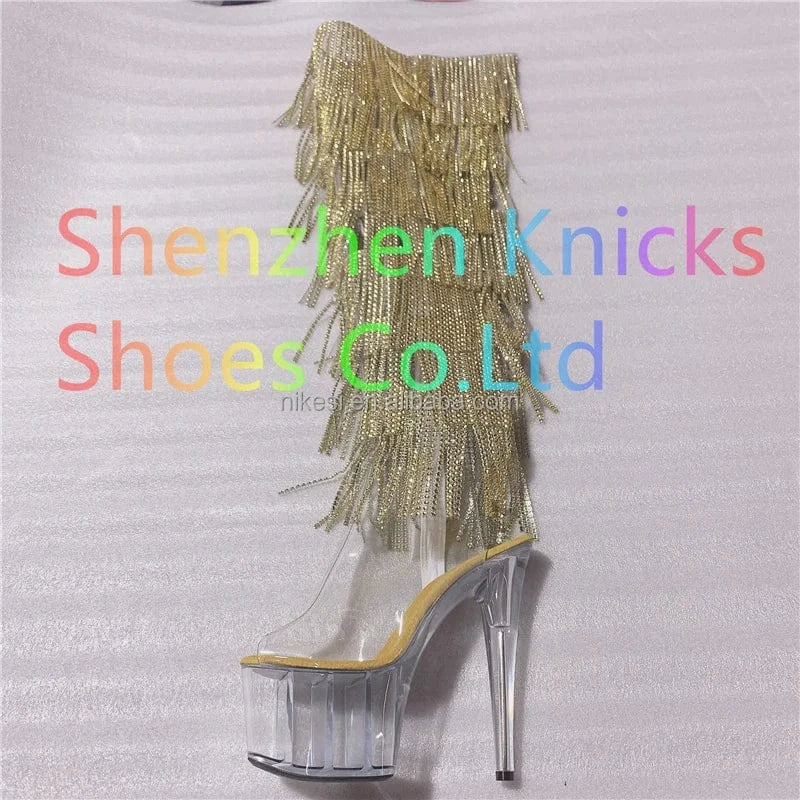6 / Yellow 7inch-17CM Crystal shoes Black and red  tassel boots super high heel diamond tassel boot