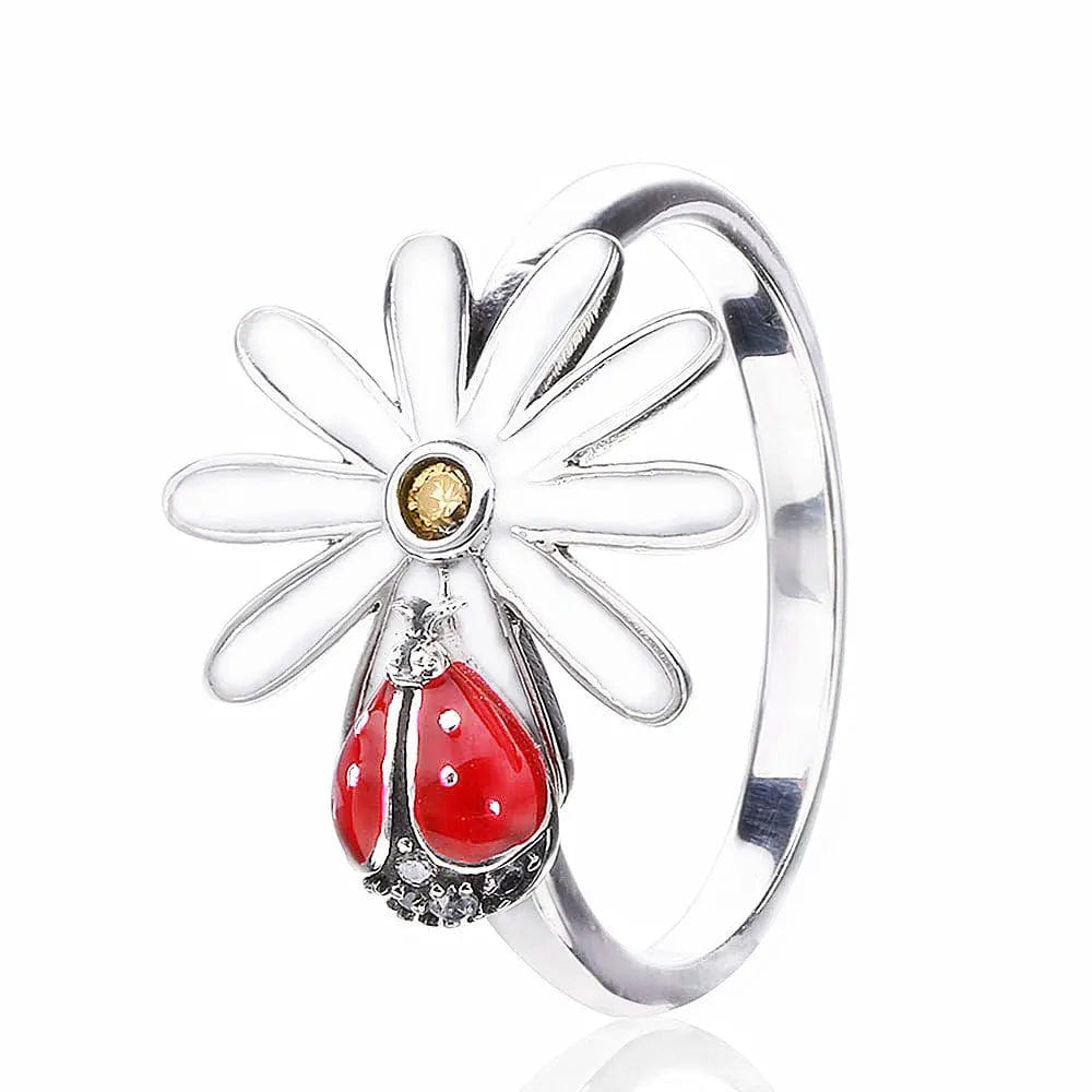 6 / YYR137-Silver New Sterling Silver Jewelry Flower Ladybug Chrysanthemum Ring Female Personality Ring
